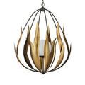 Side view emphasizing elongated brass leaves rising upwards inside wire cage