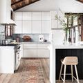 Narrow runner version of the rug in kitchen featuring white cabinetry, wooden floor, and high chair