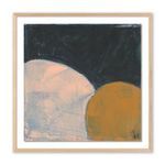 Abstract painting with large beige and mustard yellow shapes on a dark background in a light wood frame
