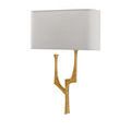Front view of sconce with textured gold wrought iron base and a gray fabric shade