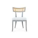 Front view showing symmetrical curved backrest and clean lines of wood legs and seat cushion