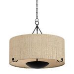 Elias chandelier with large woven beige Saguran drum shade, black forged iron arms, and black bowl light diffuser