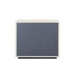 Flat dark back panel of the Andre 2-door cabinet contrasting with light hair-on-hide
