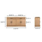 Dimensions diagram showing width, height, and depth measurements for drawers and doors