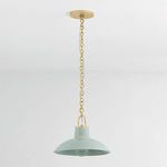 Pendant shown with gold canopy and chain against white background, bulb inside turned off