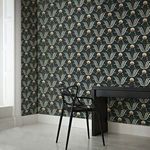 Wallpaper displayed in a corner room setting with black chair and black wood table on light tile floor