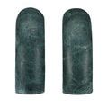 View of the polished rounded backs of both sculptures with intricate natural green marble veining