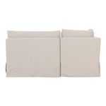 Side view focusing on right armrest fully covered with slipcover and back cushions