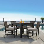 Outdoor dining set with five Pietra Armless Dining Chairs around graphite aluminum square table by poolside