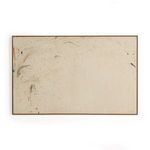 Abstract expressionist painting with soft beige background and faint scribbles, framed in thin natural wood