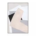 Abstract painting with overlapping angular shapes in soft beige, grey, black, and white tones