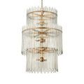 Bright white background view of Electra chandelier angled slightly showing three tiers and hanging chain