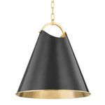 Large pendant light with aged old bronze conical shade and polished brass interior and hanging chain