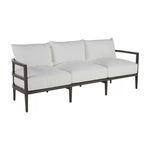 Santa Barbara outdoor sofa with slate gray aluminum frame and three white cushions on seat and back