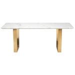 Front-facing view showing table’s marble top with subtle veining and rectangular brushed gold legs