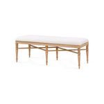 Lawrence Bench with Almond cerused oak frame and plush Frosted Alabaster cushion, hand-carved legs with cross-stretchers