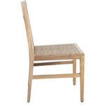 Side view of teak chair with white seat cushion and woven wicker back