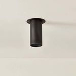 Berg Flush Mount installed on ceiling with light off, showing perforations at base and bronze finish