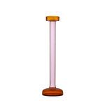 Tall glass candle holder with amber base and top, pink cylindrical stem, sleek modern design