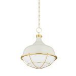 Holkham 1-Light Off-White Pendant with aged brass cagework and glossy opal glass in nautical silhouette