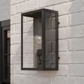Royster Outdoor Wall Sconce with lit bulb featured from front against white background