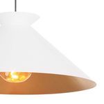 Side detail of Viggo Pendant highlighting textured metal finish and lit bulb inside shade