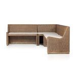 Close-up of inner corner cushion seam and rattan frame on Senna Dining Banquette