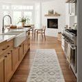 Rivers Lagoon Ivory rug runner styled in wooden kitchen floor between cabinets and stove