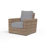 Havana Club Chair with aged tobacco all-weather wicker and gray cushions, boxy design with ample seating
