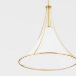 Large pendant light with white conical shade and gold steel frame, adjustable height