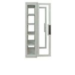 Side view of Larson cabinet with one door open highlighting dark brass handle and wood grain