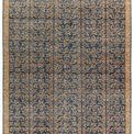 Full navy and orange trellis rug displayed flat against white background