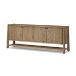 Salvador Sideboard angled view showing rounded corners and paper cord shelf framed by wood legs