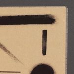 Close-up of upper right canvas area highlighting frayed edge and vertical black brushstroke