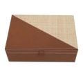 Top view of closed smaller box with diagonal division between leather and raffia