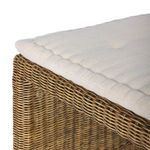 Close-up of bench bottom corner showing wicker and leg detail