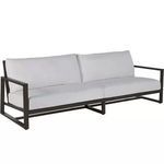 Angled front view showing dark frame base and cushions with clean lines
