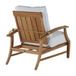 Rear three-quarter view of recliner with white cushions showing teak slatted back and angled legs