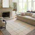 Francis rug in a bright living room under sofa, angled view showing soft wool texture and room styling