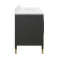 front view of black vanity with clean marble countertop and centered undermount sink