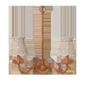 Double-arm chandelier fixture with two whitewashed seagrass tapered shades and wood wrapped arms