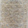 Traditional machine woven rug with muted gold, blue, and cream intricate patterns and no pile design