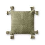 Moss green 18-inch square throw pillow with embroidered linear design and tassels on each corner