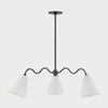 Onda 3-Light Chandelier with squiggly black metal arms and three white linen cone shades