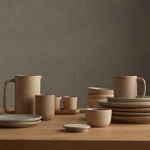 Nelo dinner plates styled in a rustic dining set with matching pitchers, mugs, and bowls on wooden table