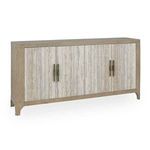 Sideboard buffet with reclaimed pine wood frame, travertine concrete doors, curved legs, and bronze handles