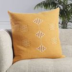 Pillow styled on light gray fabric sofa with green plant in background
