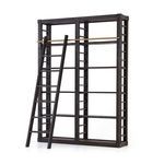 Dark anthracite pine bookshelf with two tall frames, five shelves each, and a decorative pine ladder on an antique brass i...