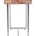 Collage console table viewed from narrow side showing stainless steel legs and layered teak wood top texture