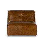Front view highlighting the broad seat and squared-off edges of the leather chair